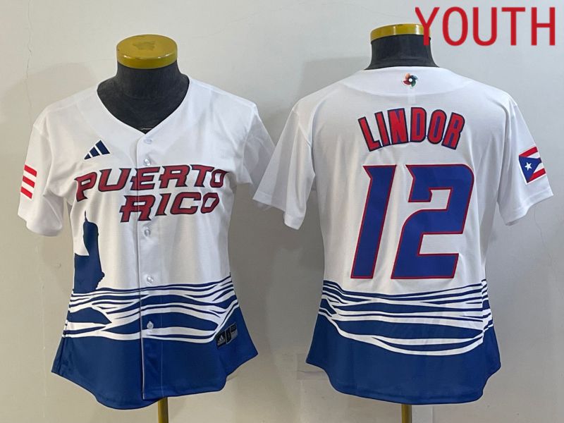 Youth 2023 World Cub Puerto Rico #12 Lindor White MLB Jersey